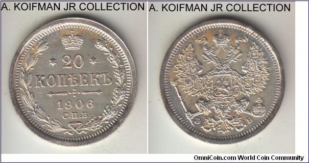 Y#22a.1, 1906 Russia (Empire) 20 kopeks, St. Petersburg mint (СПБ mint mark); silver, reeded edge; Nicolas II, good fine details, old cleaning.