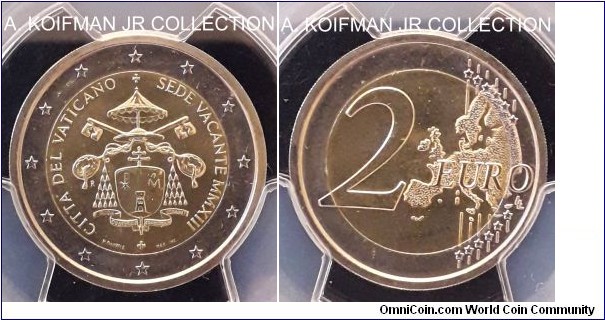 KM-447, 2013 Vatican 2 euro; bi-metal, reeded edge; Sede Vacante issue following resignation of Pope benedict XVI, relatively uncommon issue, PCGS graded MS66.