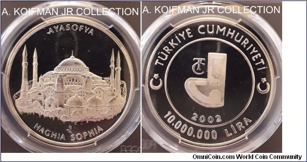 KM-1160, 2002 Turkey 10 000 000 lira; proof, silver, reeded edge; Hagia Sofia mosque commemorative, mintage 2,106, scarce large crown, graded PR67DCAM by PCGS.