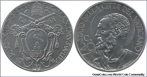 Vatican 20 Centesimi 1941