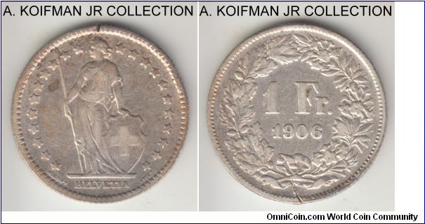 KM-24, 1906 Switzerland franc, Berne mint (B mint mark); silver, reeded edge; standard Confederation coinage, good fine details, edge cuts on both side.