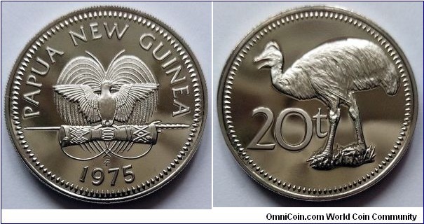 Papua New Guinea 20 toea. 1975, Proof from Franklin Mint.