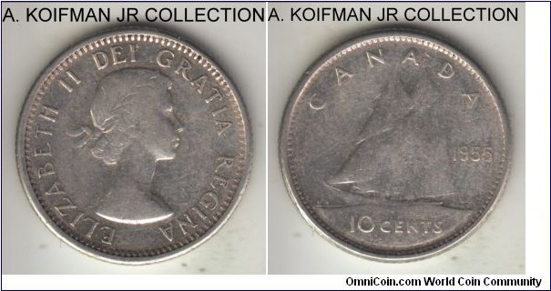 KM-51, 1955 Canada 10 cents; silver, reeded edge; Elizabeth II, average circulated.