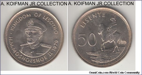 KM-21, 1979 Lesotho 50 lisente; copper-nickel, reeded edge; Moshoeshoe II, one of the common issue years of the type, uncirculated, bit of toning.