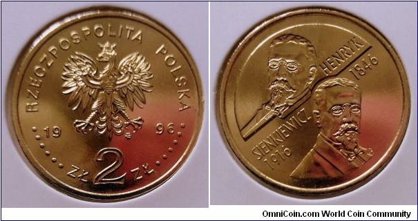 Poland 2 złote. 1996, Henryk Sienkiewicz (1846-1916) Nordic gold. Weight; 8,15g. Diameter; 27mm. Mintage: 300.000 pcs.