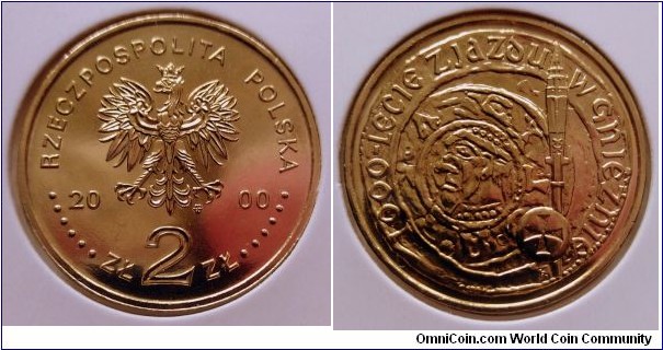 Poland 2 złote. 2000, 1000th Anniversary of the convention in Gniezno. Nordic gold. Weight; 8,15g. Diameter; 27mm. Mintage: 450.000 pcs.