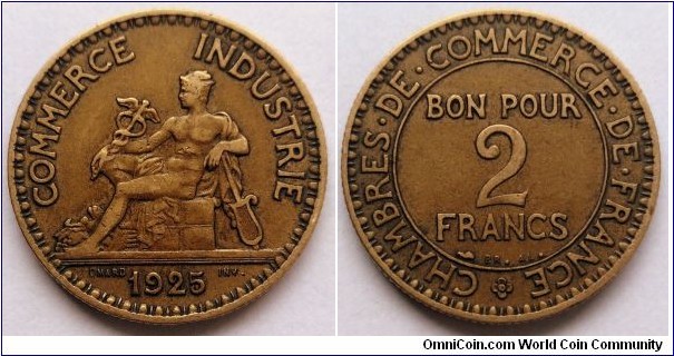 France 2 francs. 1925, Al-br. Weight; 8g. Diameter; 27mm. Mintage: 31.606.872 pcs.