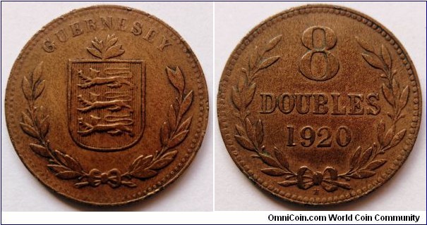 Guernsey 8 doubles.
1920 H, Bronze. Weight; 9,7g. Diameter; 31,7mm.
Mintage: 157.000 pcs.