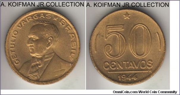 KM-557a, 1944 Brazil 50 centavos; aluminum-bronze, plain edge; Getulio Vargas circulation issue, bright yellow uncirculated.