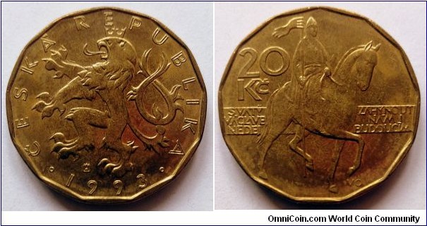 Czech Republic (Czechia) 20 korun.
1993, Hamburg Mint. Brass plated steel. Weight; 8,49g. Diameter; 26mm. Mintage: 55.001.000 pcs. (II)