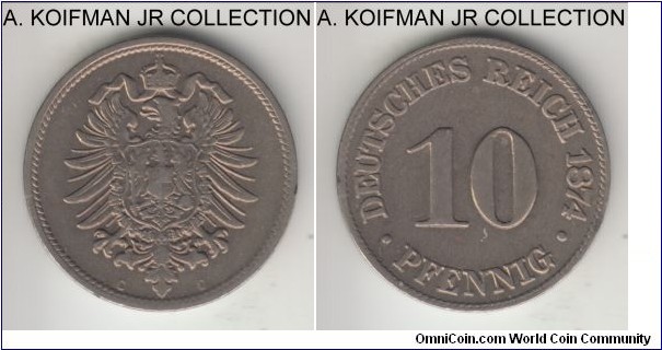KM-4, 1874 Germany pfennig, Frankfurt mint (C mintmark); copper-nickel, plain edge; Wilhelm I, good very fine, nice, possibly old cleaning.