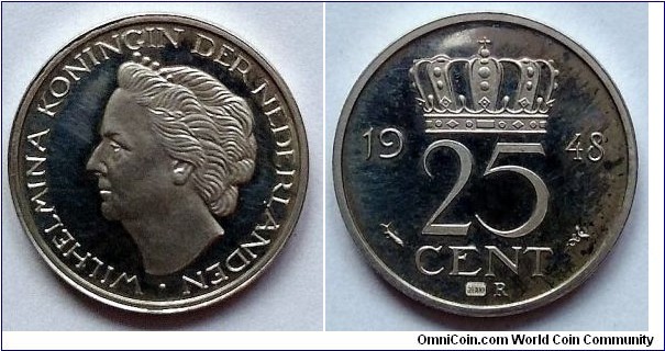 Netherlands 25 cents.
1948, Mysterious silver proof emission. Z800 in hologram and letter R below CENT on reverse. Some oddity.