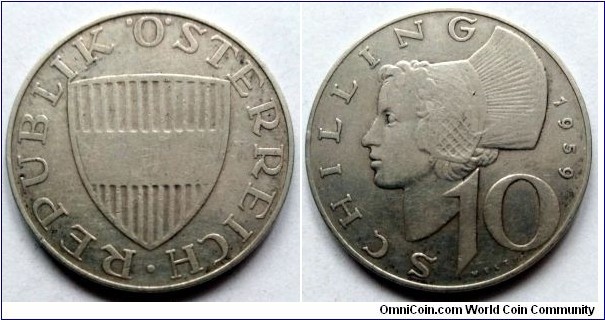 Austria 10 schilling.
1959, Ag 640. Weight; 7,5g. Diameter; 27mm. Mintage: 4.739.500 pcs.