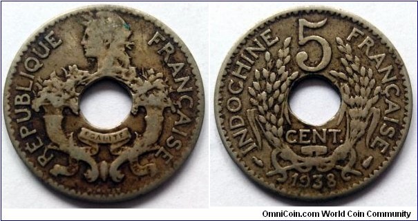French Indochina 5 centimes. 1938, Thin planchet. Nickel-brass. Weight; 4g. Diameter; 24mm. Mintage: 50.569.000 pcs.