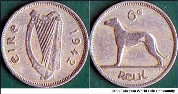 Ireland 1942 6 Pence.