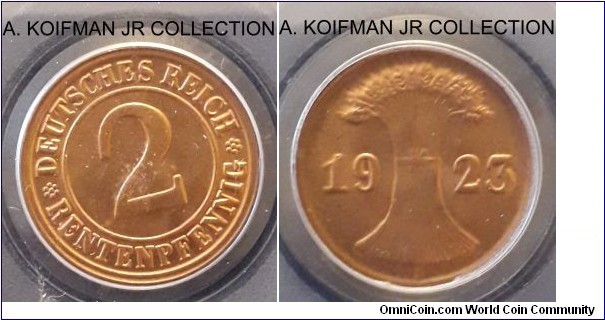 KM-31, 1923 Germany (Weimar Republic) 2 rentenpfennig, Munich mint (D mintmark); bronze, plain edge; first year of the Weimar Republic issue, common but pleasant red uncirculated PCGS graded MS 64.
