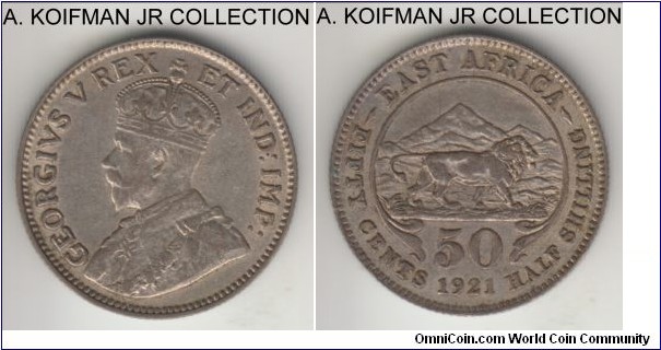 KM-20, 1921 East Africa 50 cents, Royal Mint (no mint mark); silver, reeded edge; George V, first year of the type, low silver content characterized by typical toning, extra fine or so.