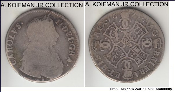 KM-103.2, 1673 Scotland 2 merk; silver, plain edge; Charles II, scarce, good to very good.