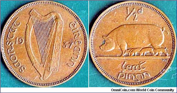 Ireland 1937 1/2 Penny.

1st. year of coins for Ireland under King George VI as King of Ireland (1936-49).