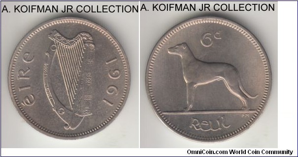 KM-13a, 1955 Ireland 6 pence; copper nickel, plain edge; pleasant uncirculated.