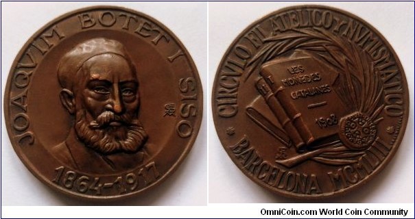 Spanish medal - Philatelic and Numismatic Association. Joaquim Botet i Sisó.