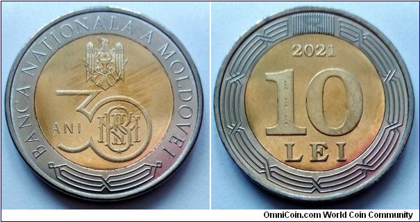 Moldova 10 lei. 2021, 30th Anniversary of the National Bank of Moldova.