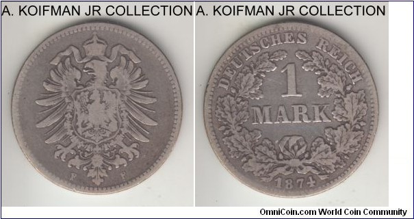 KM-7, 1875 Germany (Empire) mark, Stuttgart mint (F mint mark); silver, reeded edge; Wilhelm I, fine or so, old cleaning.