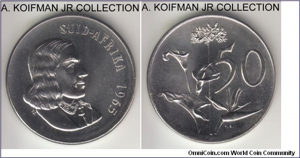 KM-70.2, 1965 South Africa (Republic) 50 cents; proof, copper-nickel, plain edge; early Republican coinnage, Afrikaans legend SUID AFRIKA, mintage 25,000 in sets, decent uncirculated proof.