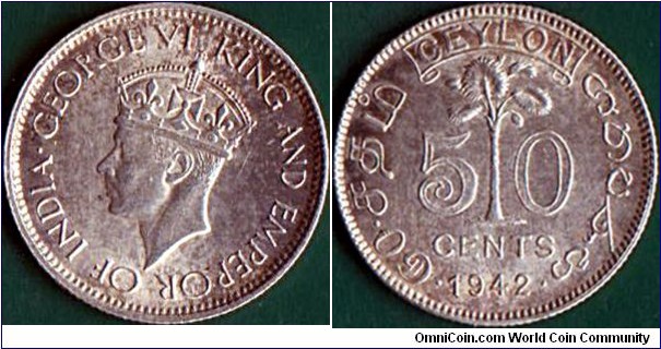 Ceylon 1942 50 Cents.

Type coin.