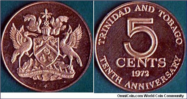 Trinidad & Tobago 1972 FM 5 Cents.

10 Years of Independence.
