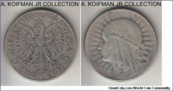 Y#21, 1933 Poland 5 zlotych, Warsaw mint (arrow mint mark); silver, reeded edge; 3-year type, good fine details, rim nick.