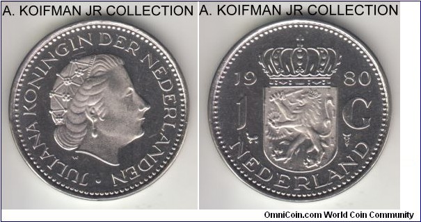 KM-184a, 1980 Netherlands gulden; nickel, lettered edge; Juliana, proof like with slight cameo effect.