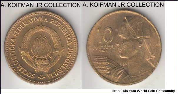 KM-39, 1963 Yugoslavia (Socialist Federal Republic) 10 dinara; aluminum-bronze, reeded edge; common circulation issue, 