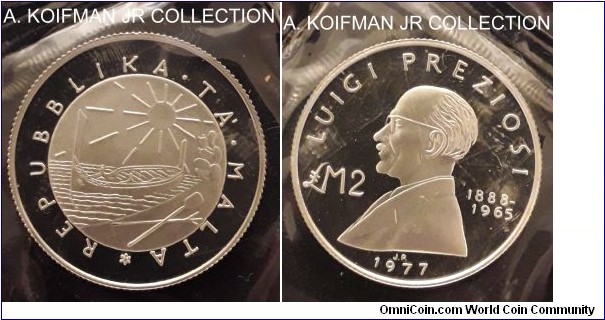 KM-45, 1977 Malta 2 pounds; proof, silver, reeded edge; Luigi Preziosi, small mintage of 3,692, in original mint cell part of the 3 coin set, bright gem uncirculated.