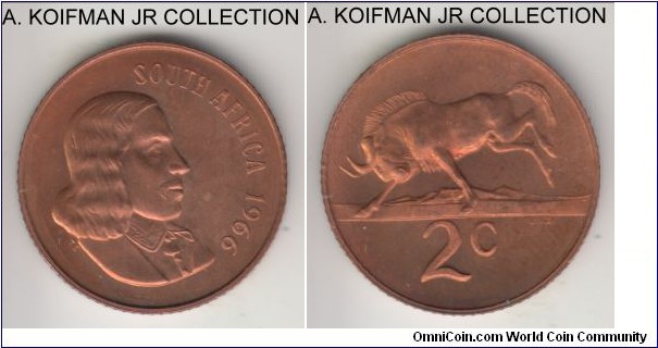 KM-66.1, 1966 South Africa (Republic) 2 cents; proof, bronze, reeded edge; English legend SOUTH AFRICA, proof variety of the first Republican issue with Jan van Riebeech, mintage 25,000 in proof, mostly red some brown uncirculated.