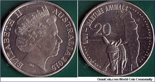 Australia 2015 20 Cents.

World War I - Wartime Animals.