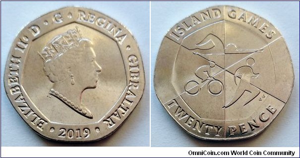 Gibraltar 20 pence.
2019 (AA) 2019 Island Games.