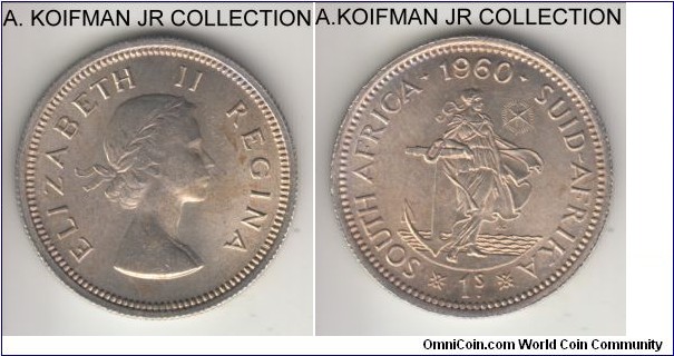KM-49, 1960 South Africa (Dominion) shilling; silver, reeded edge; Elizabeth II, average uncirculated, pleasantly toned.