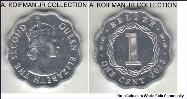 KM-33a, 2012 Belize cent; aluminum, scalloped flan, plain edge; Elizabeth II, almost uncirculated, but appears to have a damage around edges and ob obverse, possibly during minting.