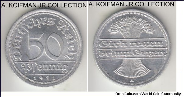 KM-27, 1921 Germany (Weimar Republic) 50 pfennig, Berlin mint (A mint mark); aluminum, reeded edge; early Weimar mintage, common year/mint of the type, bright uncirculated.