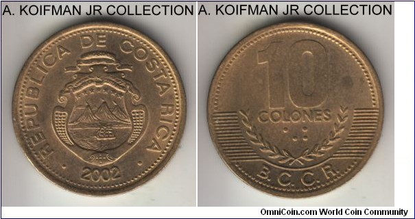 KM-228.2, 2002 Costa Rica 10 colones, Santiago (Chile) mint; brass, segment reeded edge; 1-year type, uncirculated.