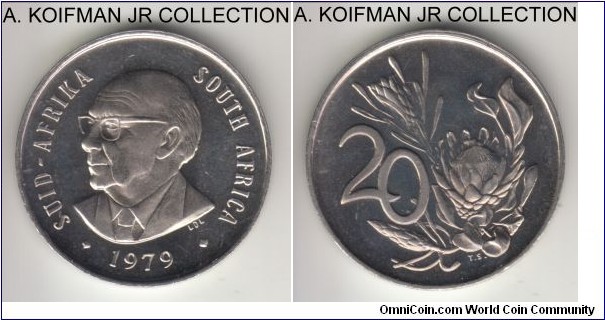 KM-102, 1979 South Africa (Republic) 20 cents; proof, nickel, plain edge; 1-year type issued to commemorate the end of president Diedrich's term, mintage 15,000, decent proof.