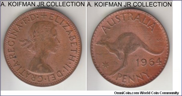 KM-56, 1964 Australia penny, Perth mint (dit after PENNY); bronze, plain edge; Elizabeth II, last pre-decimal, light brown almost uncirculated.