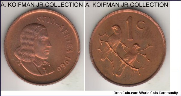 KM-65.2, 1966 South Africa (Republic) cent; proof, bronze, reeded edge; first Republican issue, Afrikaans legend SUID AFRIKA, 25,0000 minted in proof sets, red brown uncirculated.