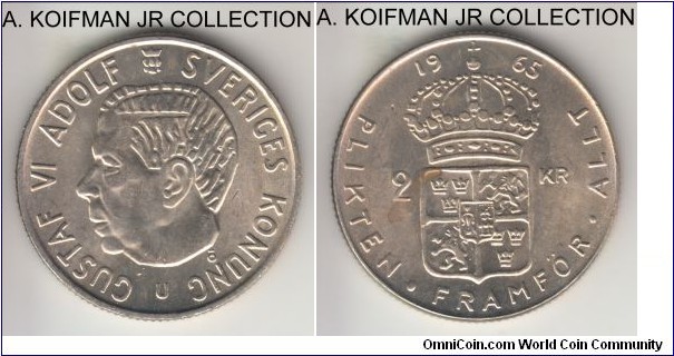 KM-827, 1965 Sweden 5 kronor; silver, reeded edge; circulation issue, later year, choice uncirculated, small reverse spot/stain.