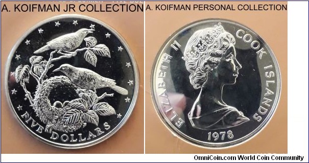 KM-20, 1978 Cook Islands dollar, Franklin Mint; copper-nickel, reeded edge; Wildlife Conservation series - Polynesian warblers, brillian uncirculated variety, mintage 3,659.