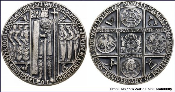 Polish-American Numismatic Association Medal - 1000 Years of Christianity in Poland, 1000 Years of Polish Coins.