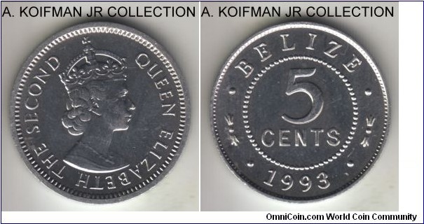 KM-34a, 1993 Belize 5 cents; aluminum, plain edge; Elizabeth II, bright uncirculated or almost.