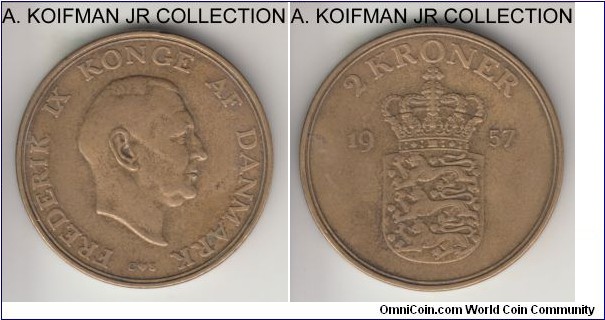 KM-838.2, 1957 Denmark 2 KroneR; aluminum-bronze, plain edge; Frederik IX, very fine or almost.