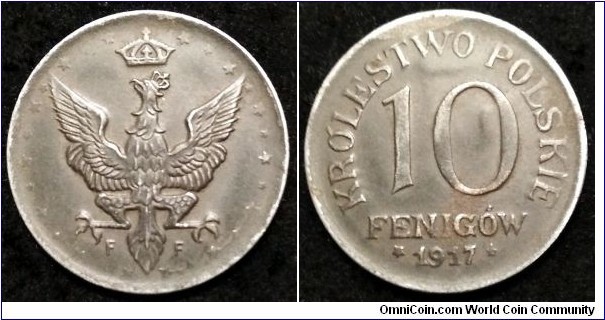 Kingdom of Poland, Królestwo Polskie, Regentschaftskönigreich Polen 10 fenigów. 1917, Iron (II)